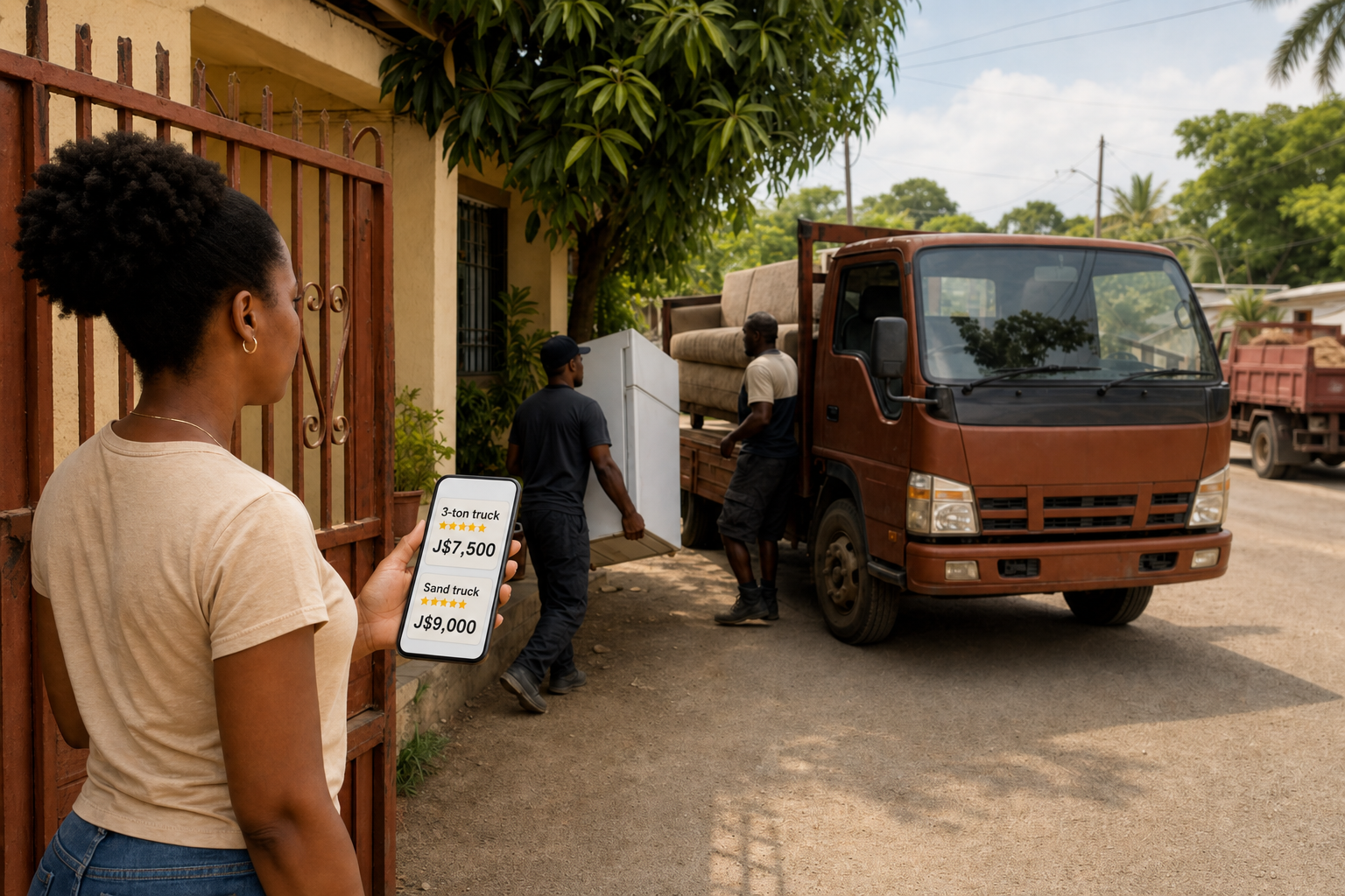 A woman at her gate checks cash truck prices on her phone while two men load a fridge and sofa onto a truck.